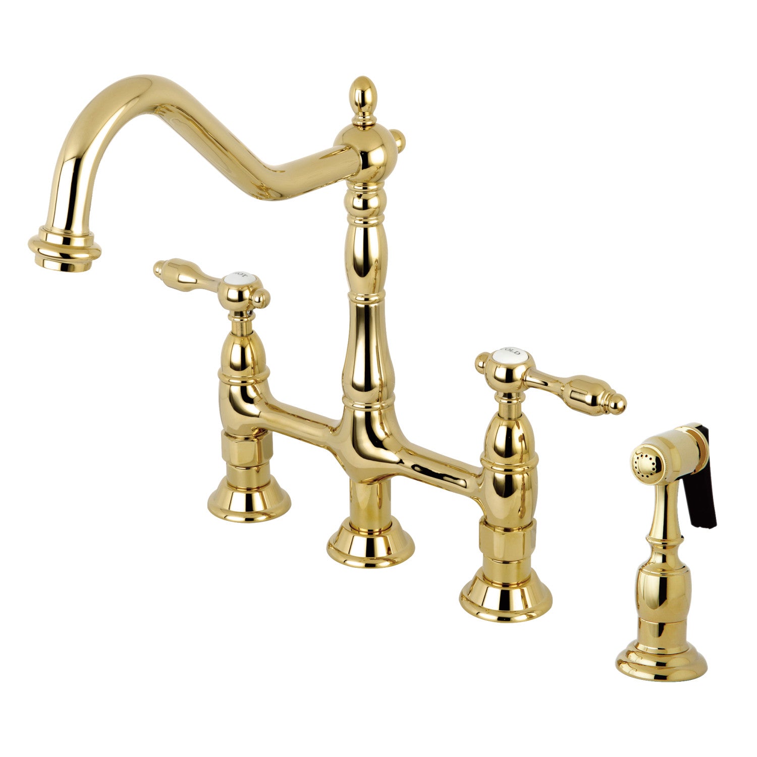 Kingston Heirloom KS1272TALBS - Tudor Two-Handle 4-Hole Deck Mount Bridge Kitchen Faucet with Brass Sprayer, Polished Brass — image 1